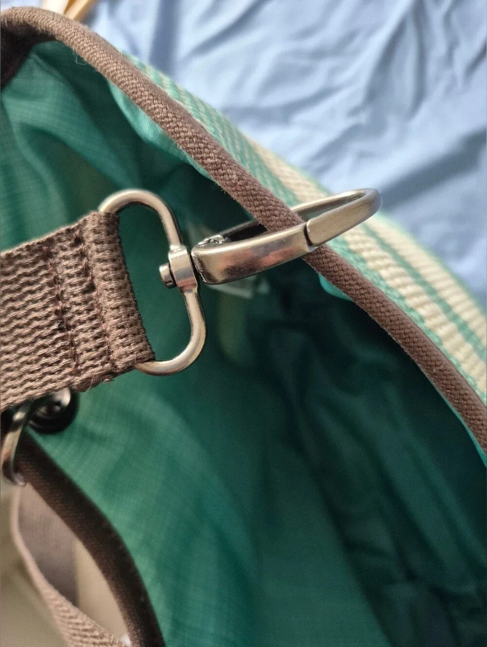 Striped Aqua and Cream Tote Bag with Brown Accents